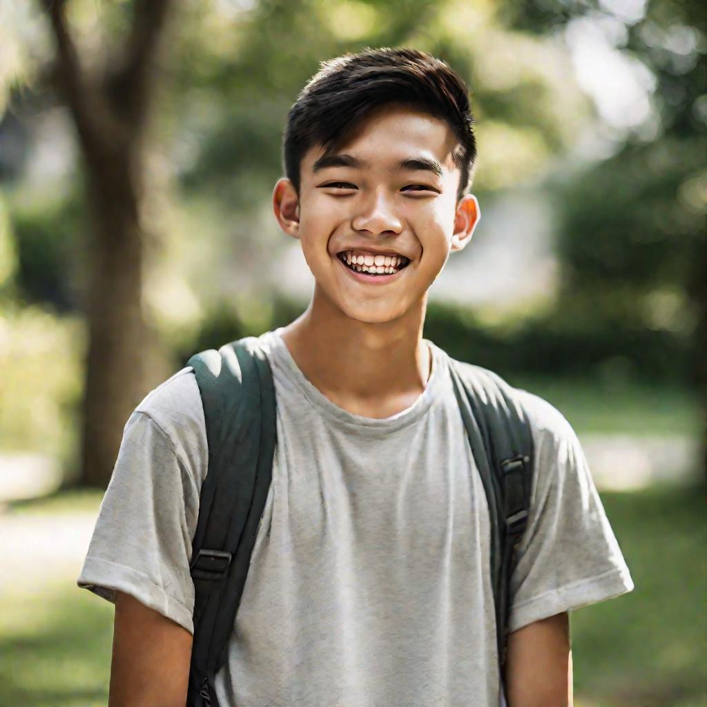 улыбающийся азиатский подросток с легким акне на щеках на улице в солнечный летний день