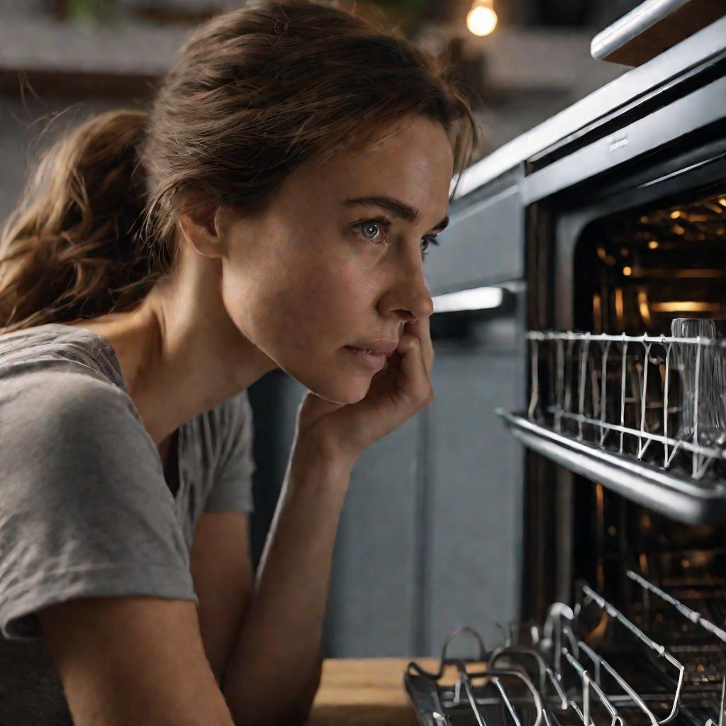 Женщина задумчиво смотрит в посудомоечную машину