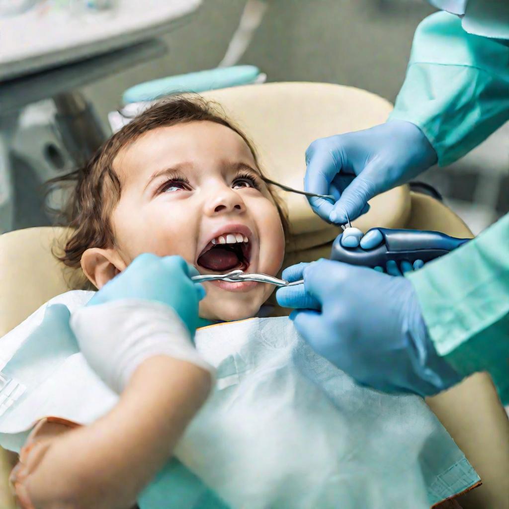 Стоматолог осматривает полость рта ребенка