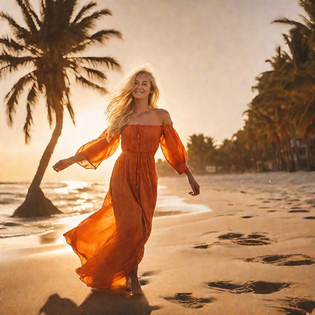 Девушка в оранжевом платье на пляже на закате