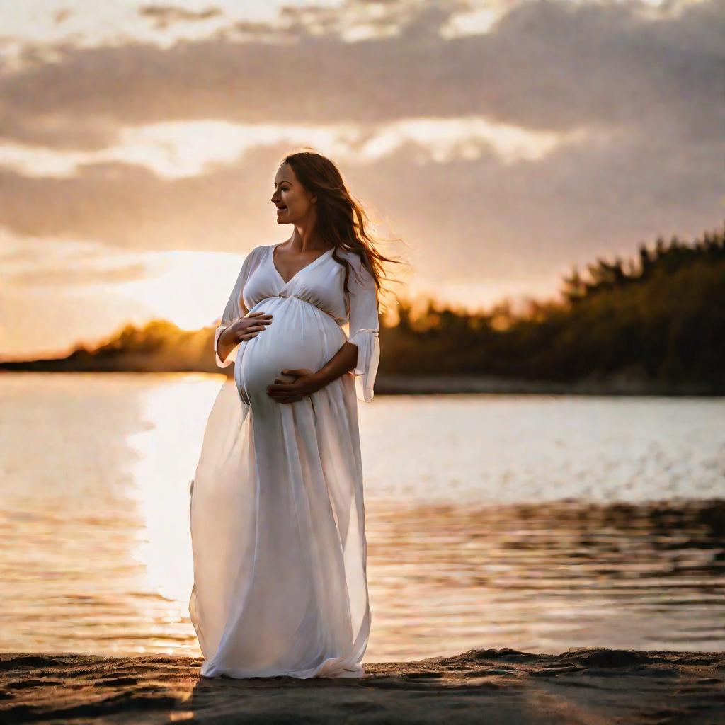 Средний план: беременная женщина в развевающемся белом платье, стоящая на фоне заката над спокойными водами, нежно смотрит на свой огромный живот и мирно улыбается