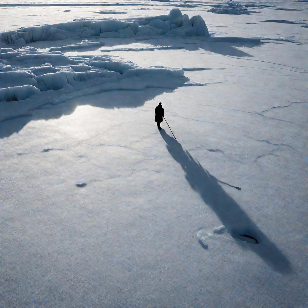 Драматичный вид сверху на одинокую фигуру, распростертую на льду и тщетно тянущуюся к деревянному шесту вне досягаемости. Во льду видны трещины там, где он проломился под весом человека.