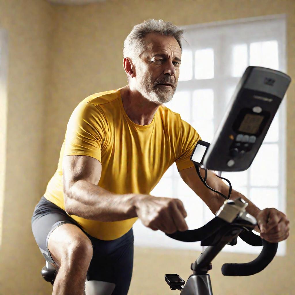 Мужчина средних лет в спортивной одежде едет на велотренажере, одновременно измеряя артериальное давление тонометром на руке