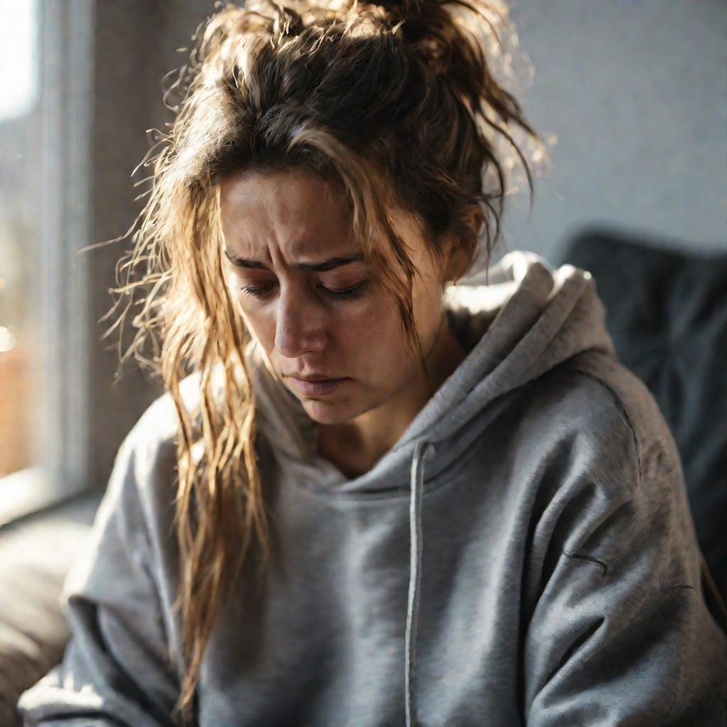 Портрет грустной молодой женщины с растрепанными волосами, переживающей развод