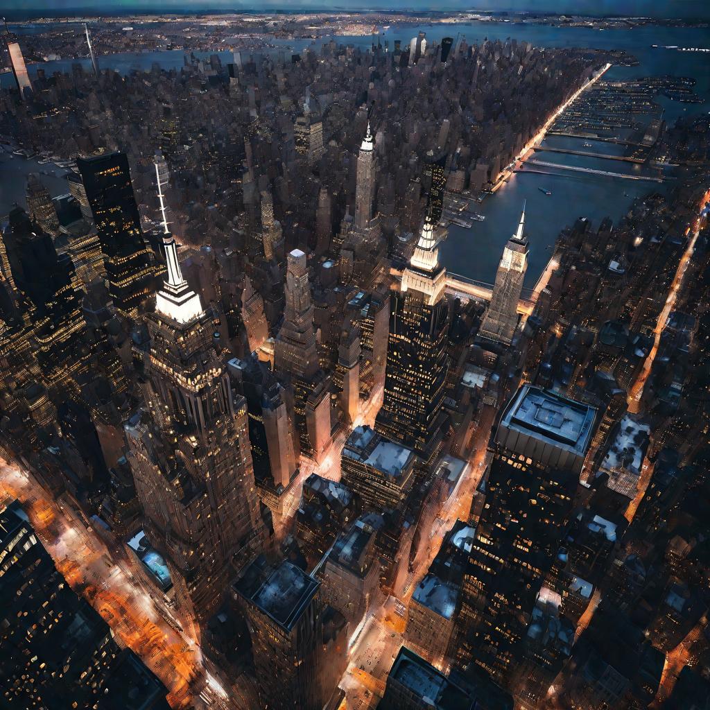 Вид ночного Нью-Йорка с высоты птичьего полета после дождя, иллюстрирующий активную жизнь после развода