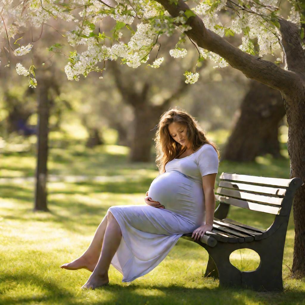 Широкий вид сверху беременной женщины, сидящей на скамейке в солнечном парке теплым весенним днем