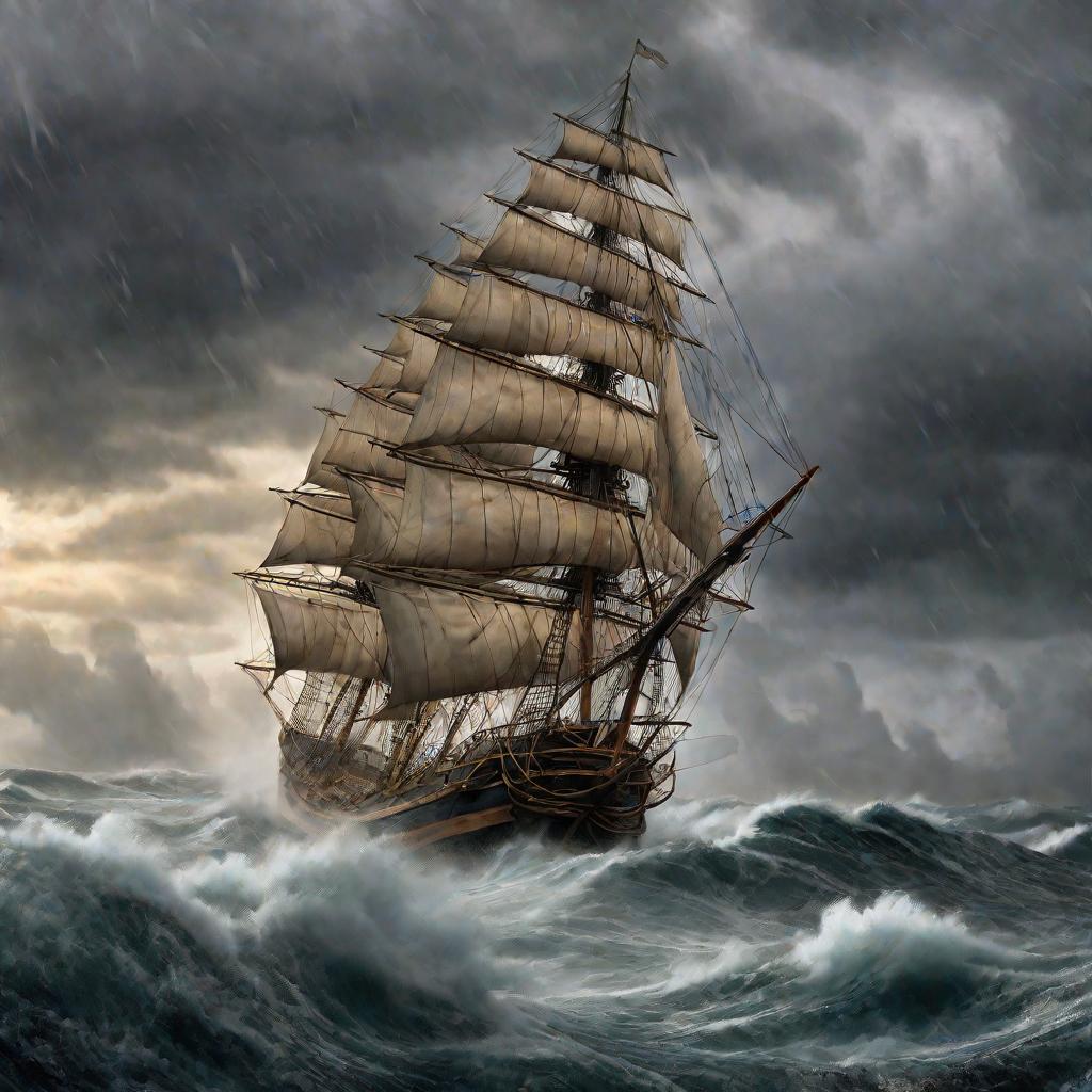 Живописный широкий кадр показывает парусный корабль 19-го века, бросаемый штормовыми волнами на рассвете. Корабль падает с гигантской волны, паруса хлещут на ветру, команда борется на палубе. Серые тучи нависают в вышине.