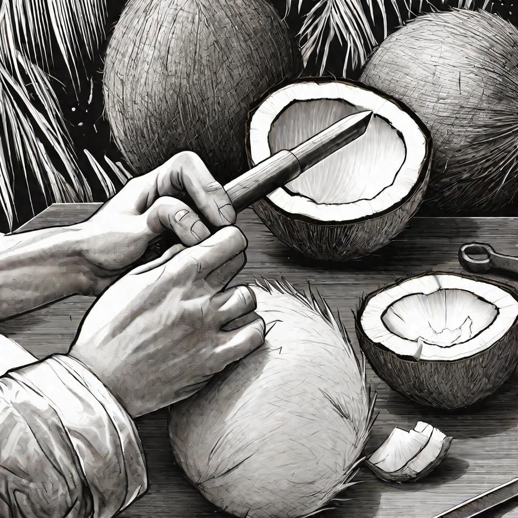Руки вскрывают кокос с помощью молотка и зубила.