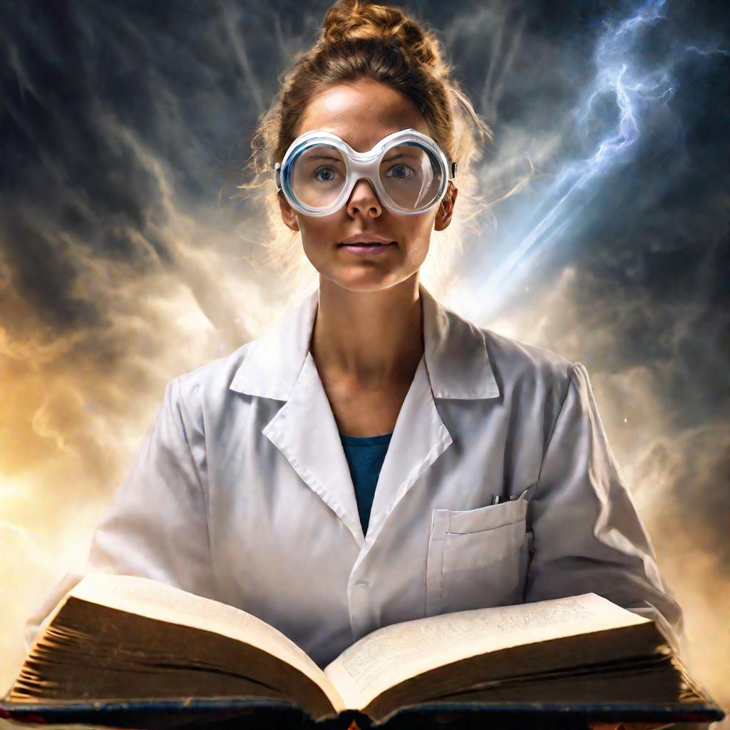 Ученый в очках смотрит на парящую книгу