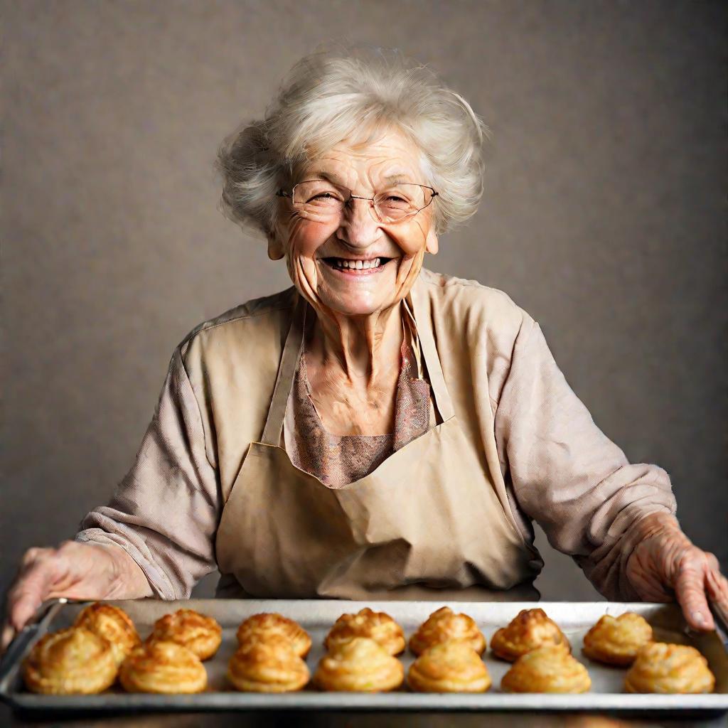 Бабушка держит поднос с жареными пирожками