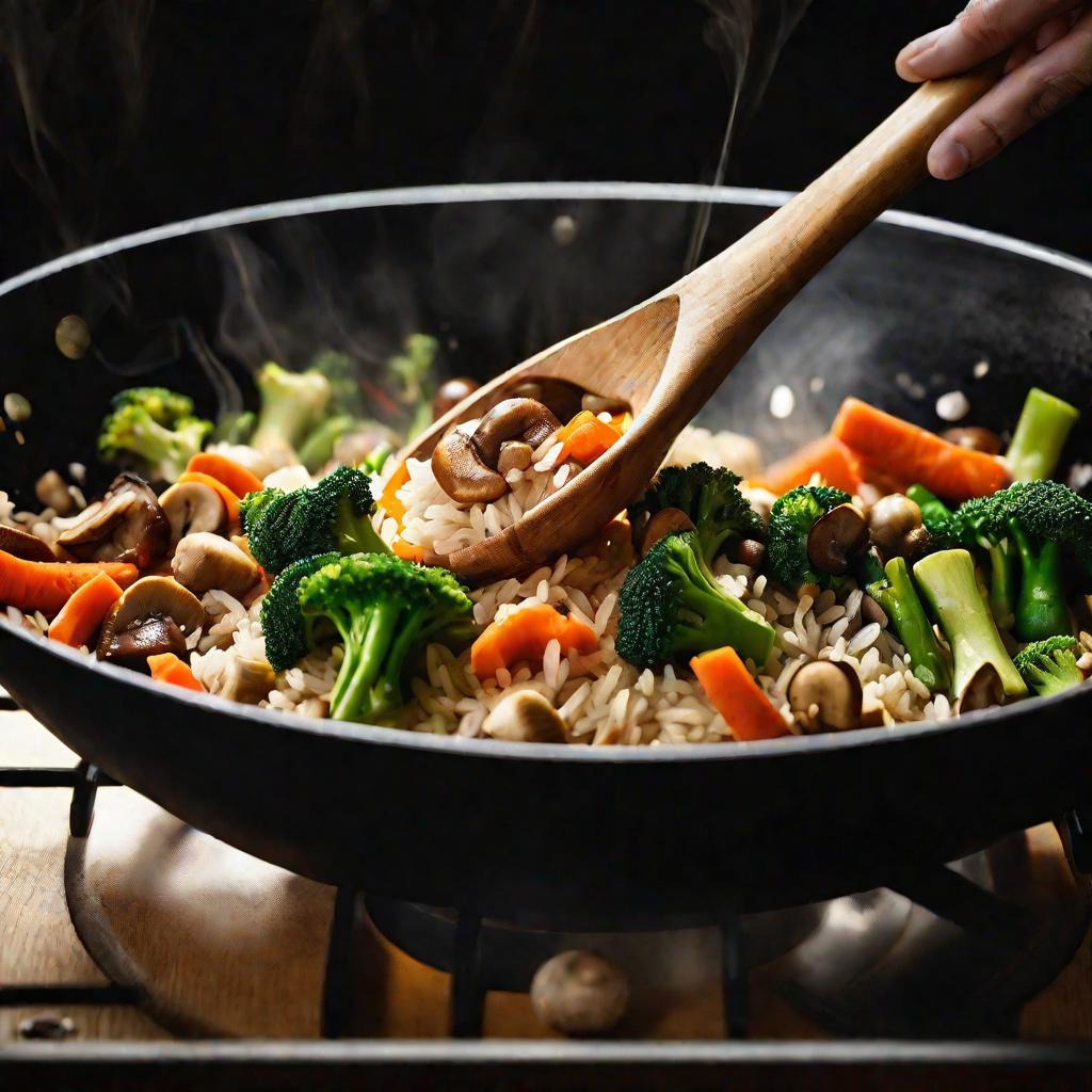 Обжаривание риса с овощами в воке на плите.