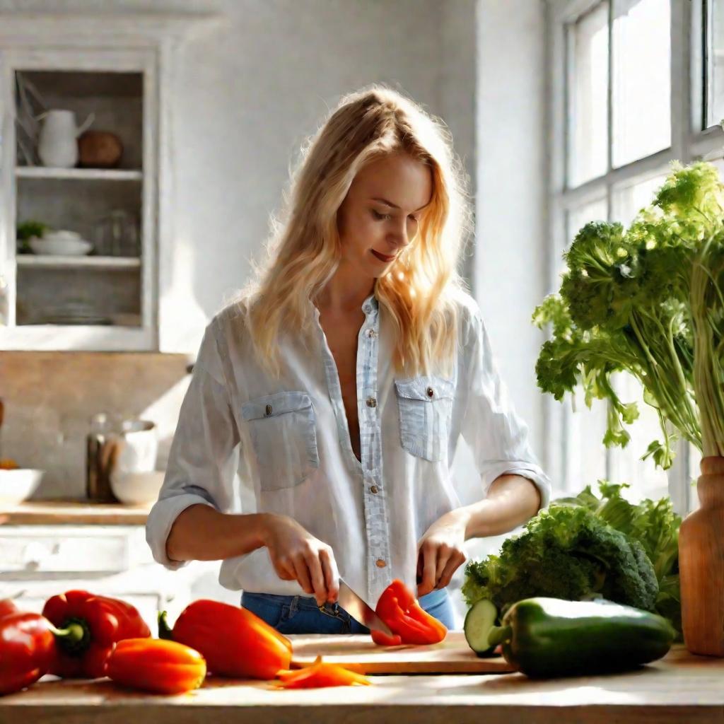 Женщина в белой блузке и джинсах нарезает овощи для салата с печенью трески на кухонном столе. Перед ней доска с перцем болгарским, ножом, морковью и огурцами. Лучи солнца сквозь окно создают летнее настроение в интерьере.