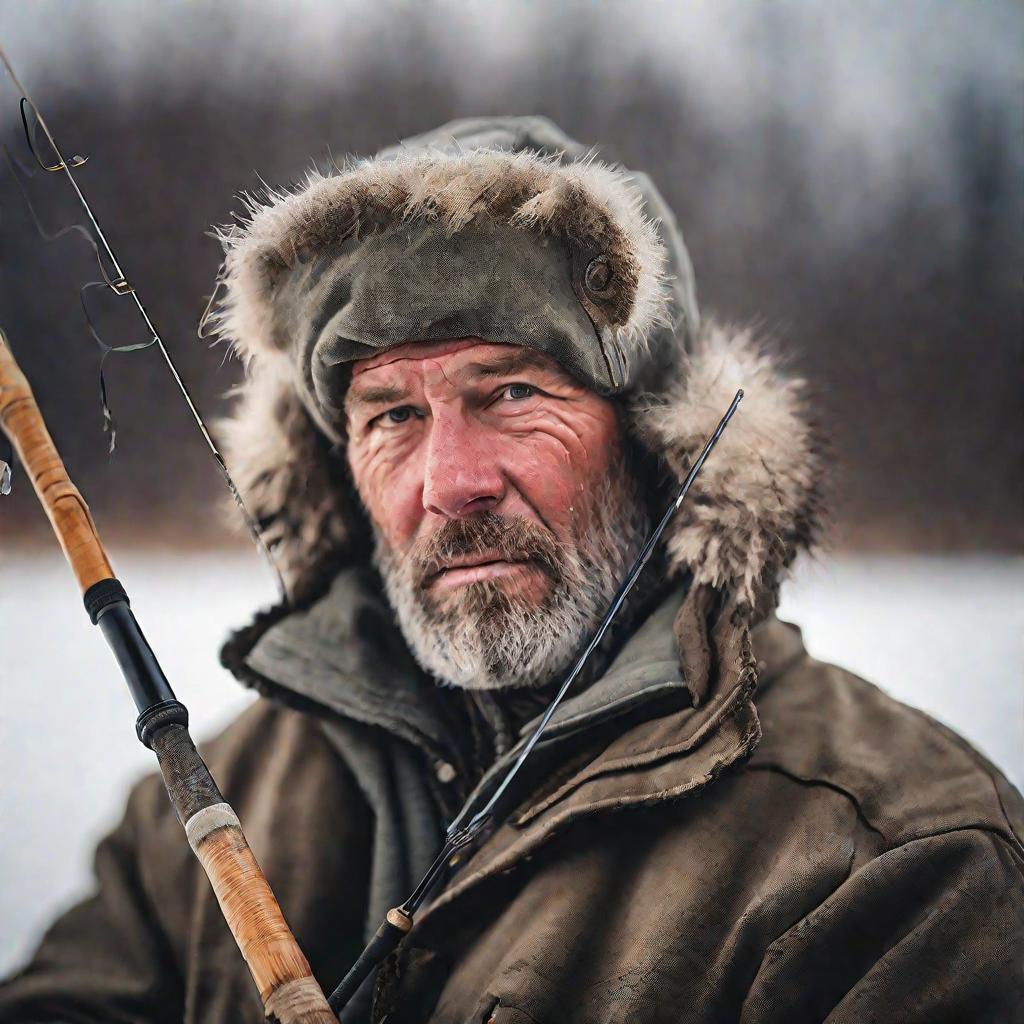 Портрет рыбака на рассвете зимой
