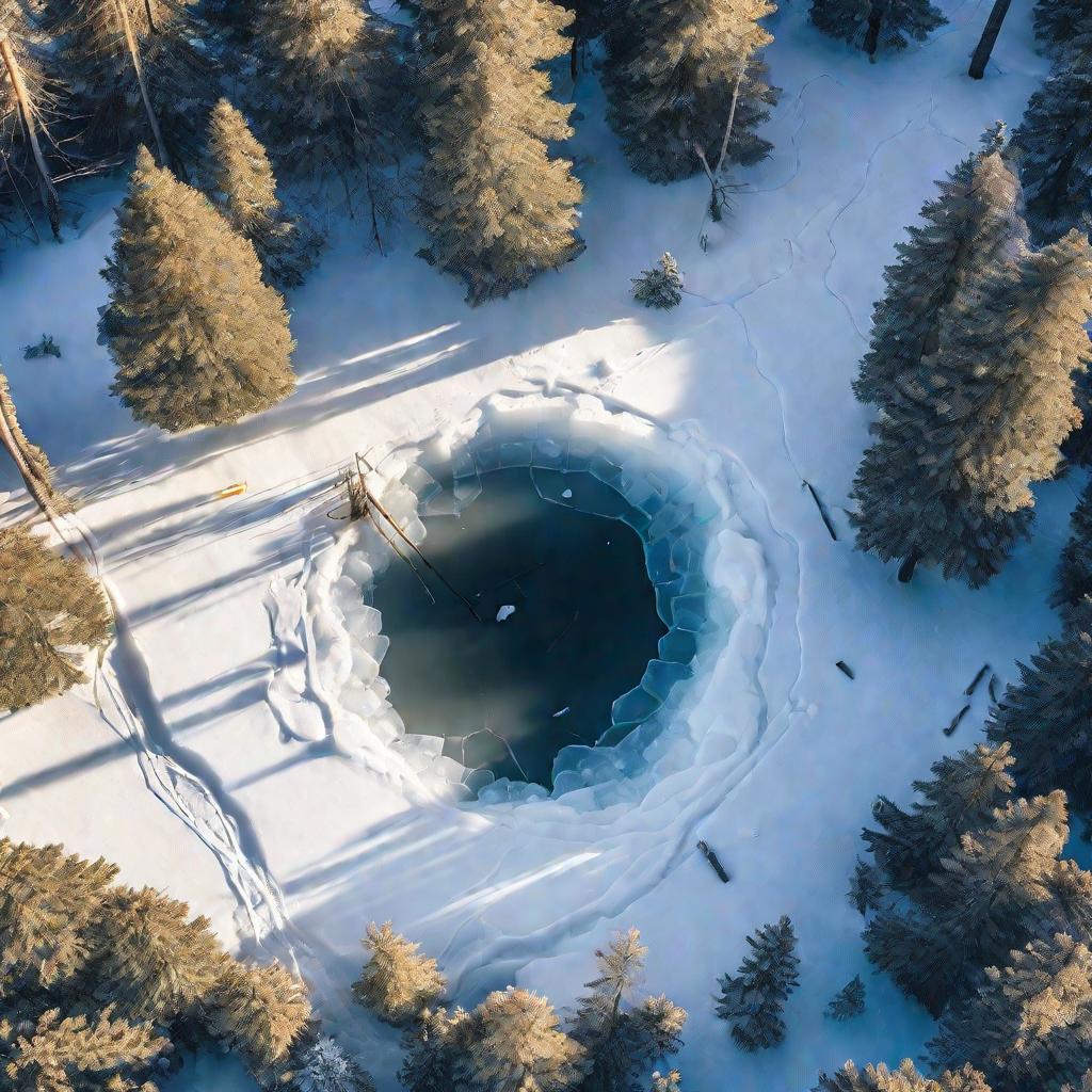 Лунка для подледной рыбалки на озере зимой