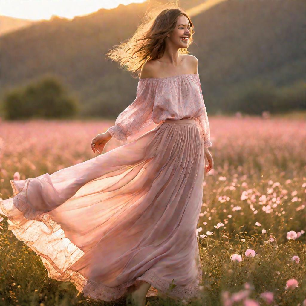 Девушка показывает готовую розовую юбку на фоне поля