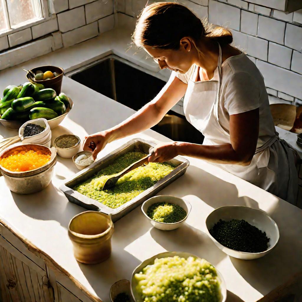 Женщина готовит домашнюю кабачковую икру на кухне