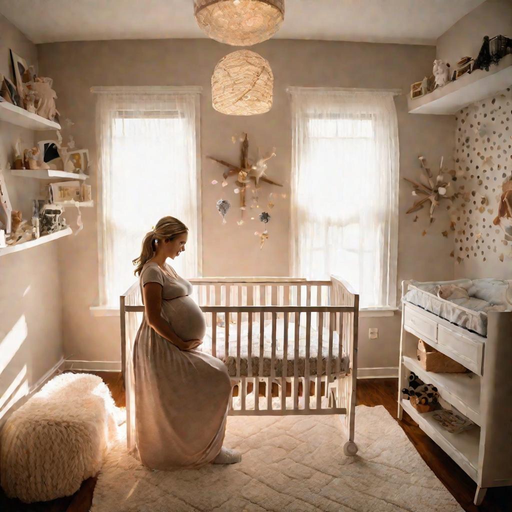 Беременная женщина в комнате для ребенка рядом с принадлежностями для вейпа