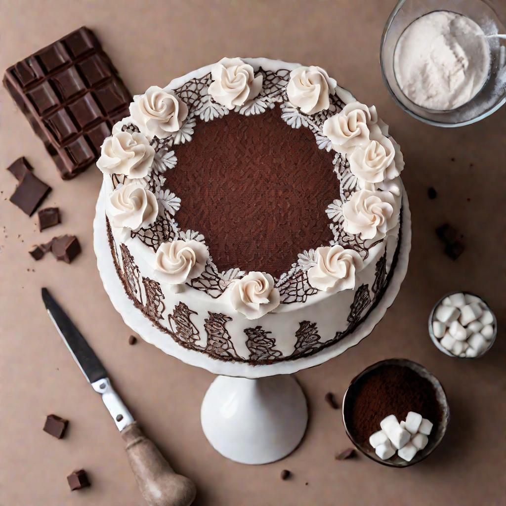 Вид сверху на белый глазированный торт, украшенный изящной шоколадной выкройкой, рядом кусок шоколада и какао-порошок. Естественное освещение создает мягкие тени и нейтральное настроение.