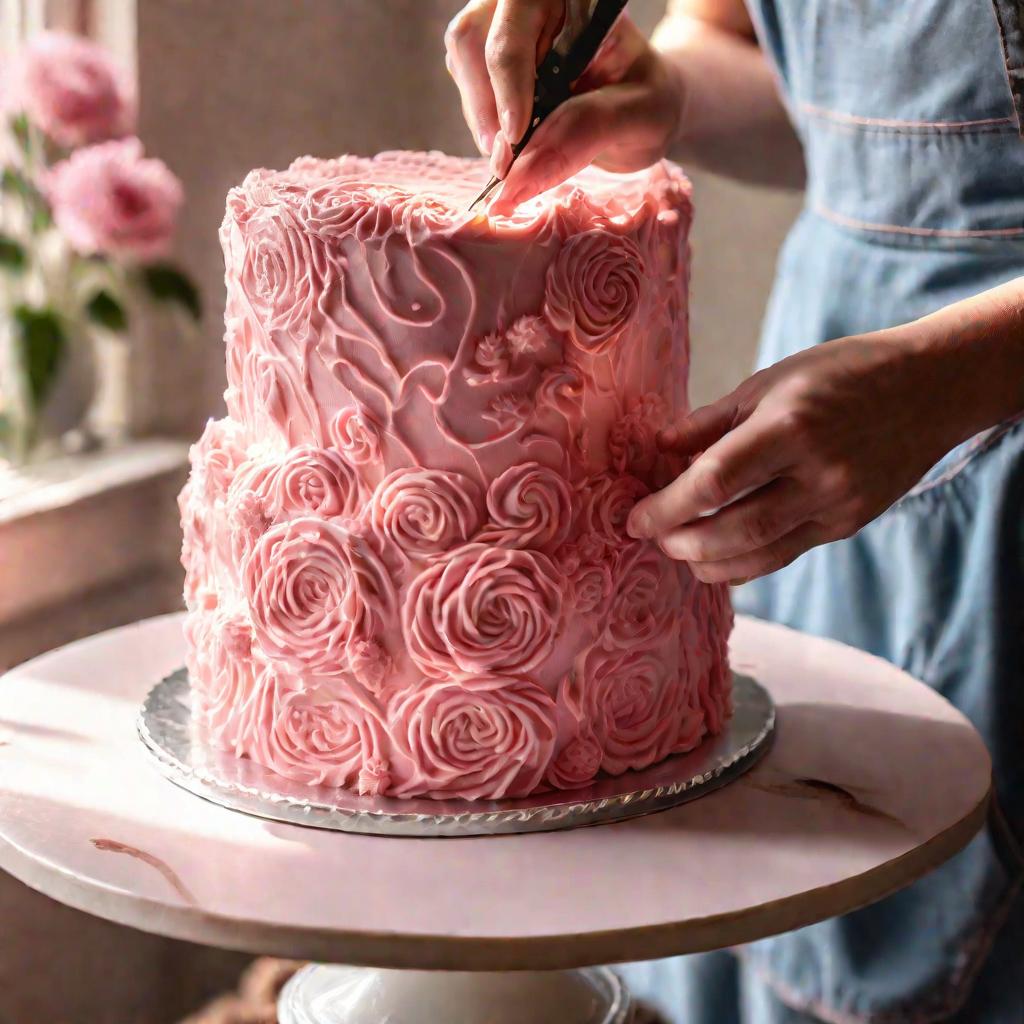 Крупный план человека, украшающего торт розовым кремом в изящный цветочный узор, яркий солнечный свет льется из окна рядом. Теплая, спокойная атмосфера.