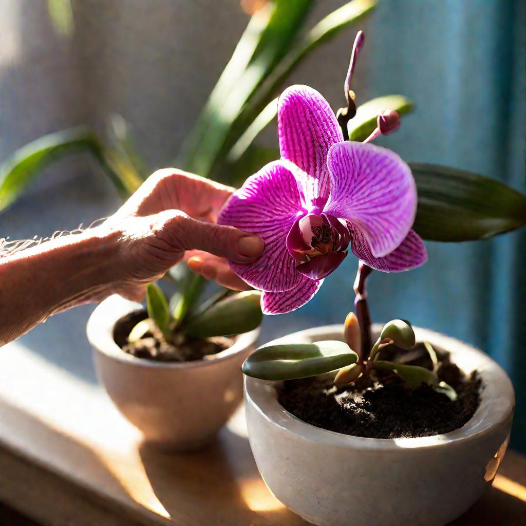 Руки сажают розовую орхидею фаленопсис в новый горшок на подоконнике