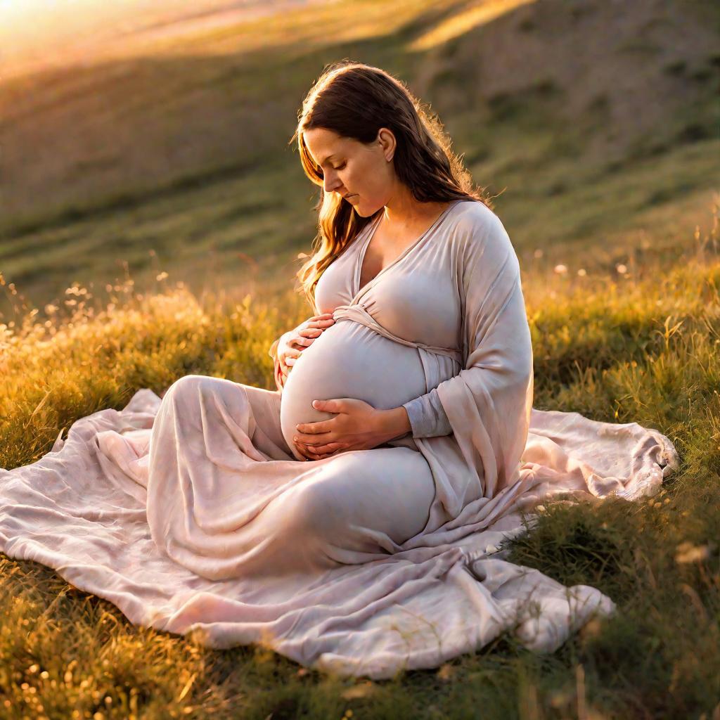 Беременная женщина на лугу на закате