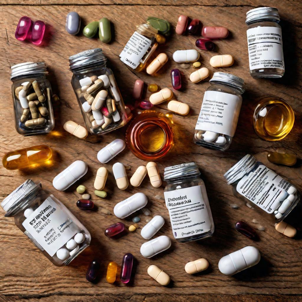 разнообразные витамины и банки на деревянном столе