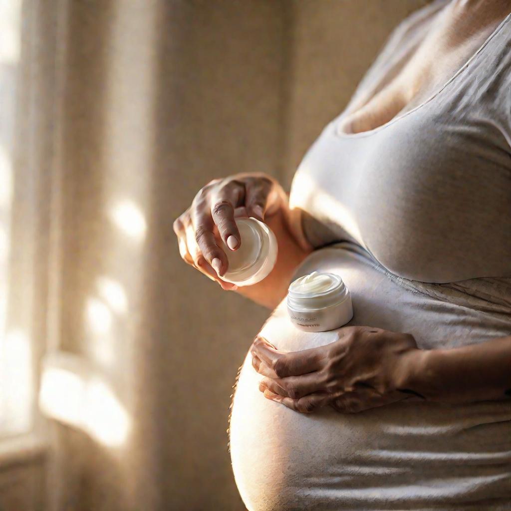 Беременная наносит крем от растяжек на живот