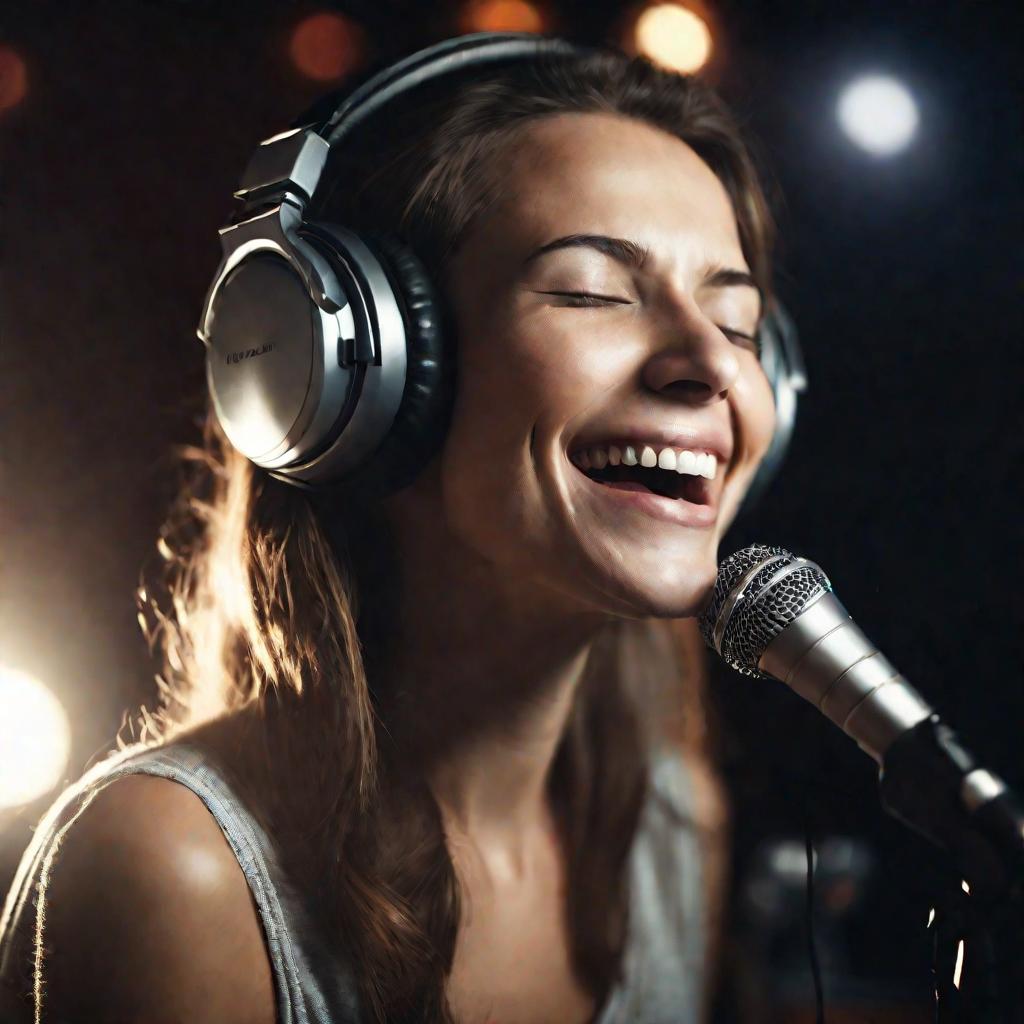 Портрет девушки, поющей в микрофон в студии звукозаписи.