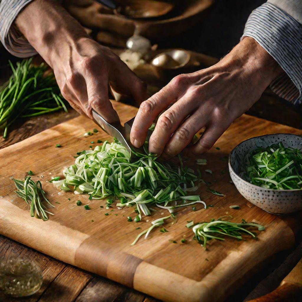 Руки повара нарезают зелень для соуса тартар