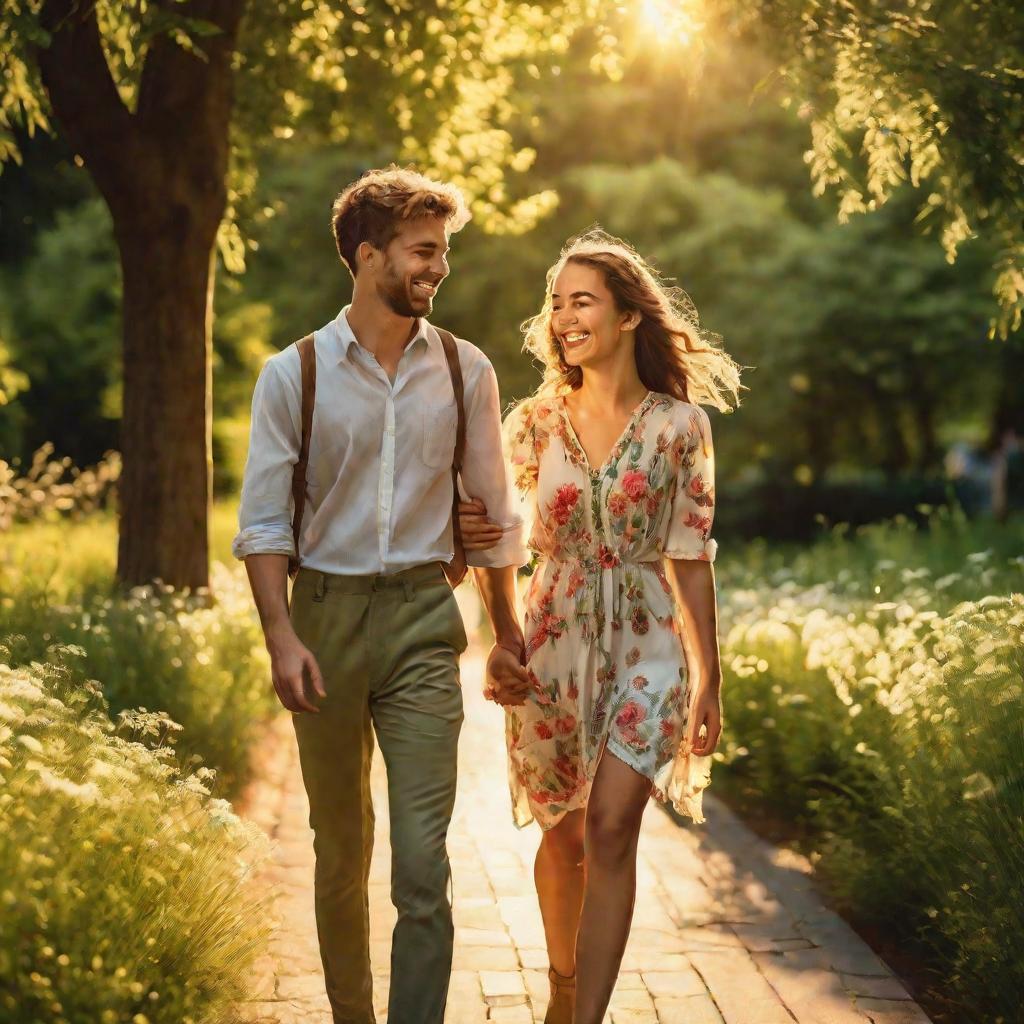 Счастливая молодая пара гуляет в парке летом