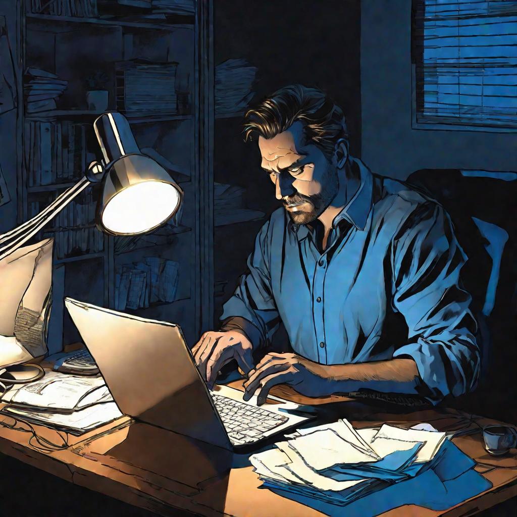 Мужчина работает ночью в домашнем офисе