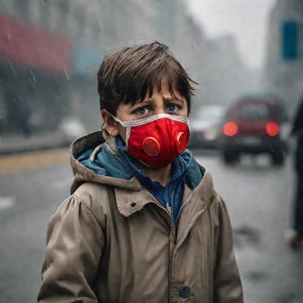 Ребенок в маске кашляет на улице города