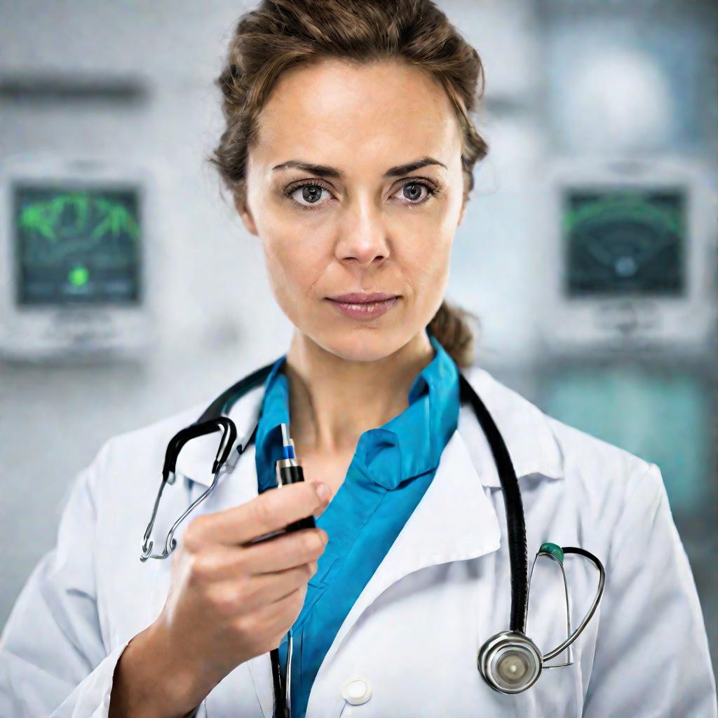 Портрет женщины-медика с дозиметром