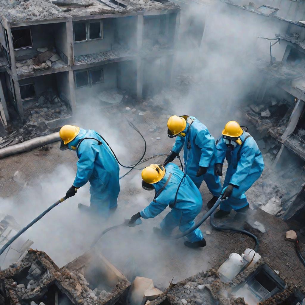 Ликвидаторы последствий ядерной аварии в защитных костюмах обрабатывают радиоактивные обломки
