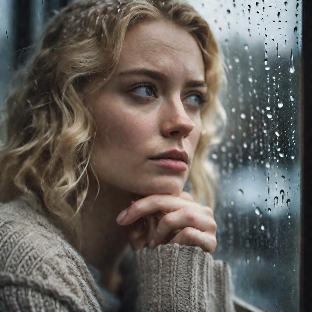 Женщина смотрит в окно в дождливый день