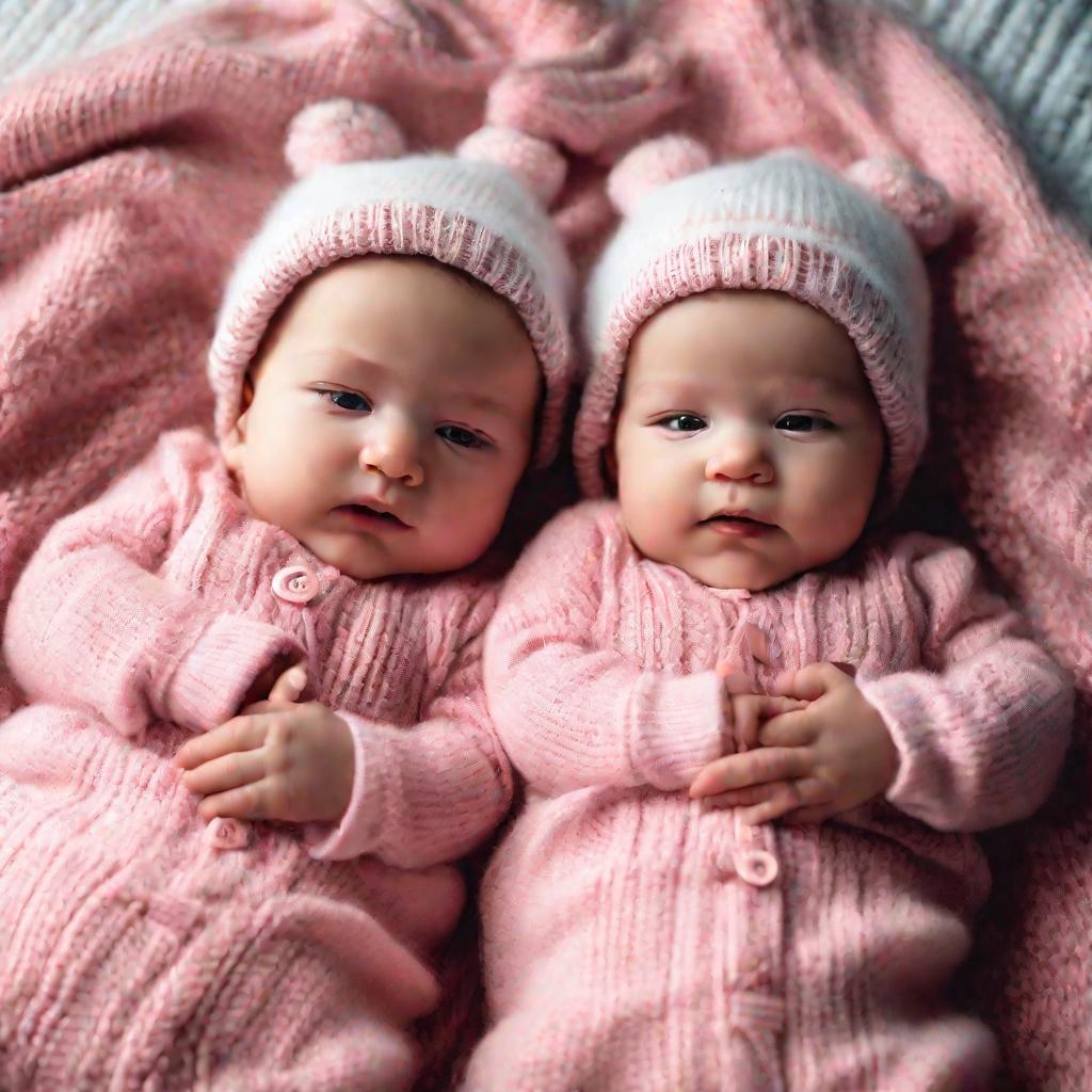 Портрет новорожденных близнецов лежащих рядом на одеяле