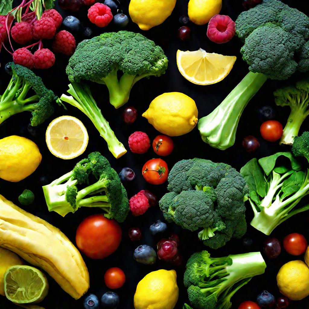 Овощи и фрукты на черном фоне