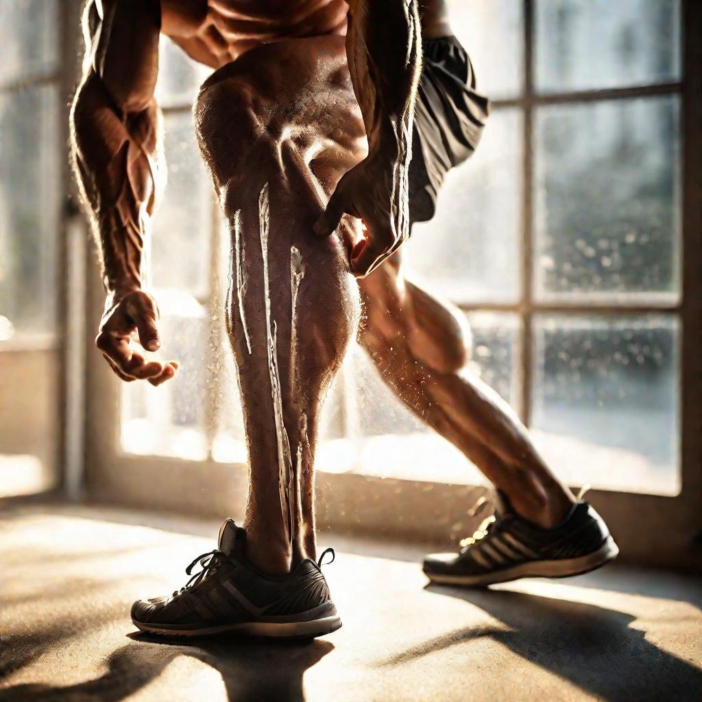 мускулистая нога мужчины во время интенсивной тренировки на солнце