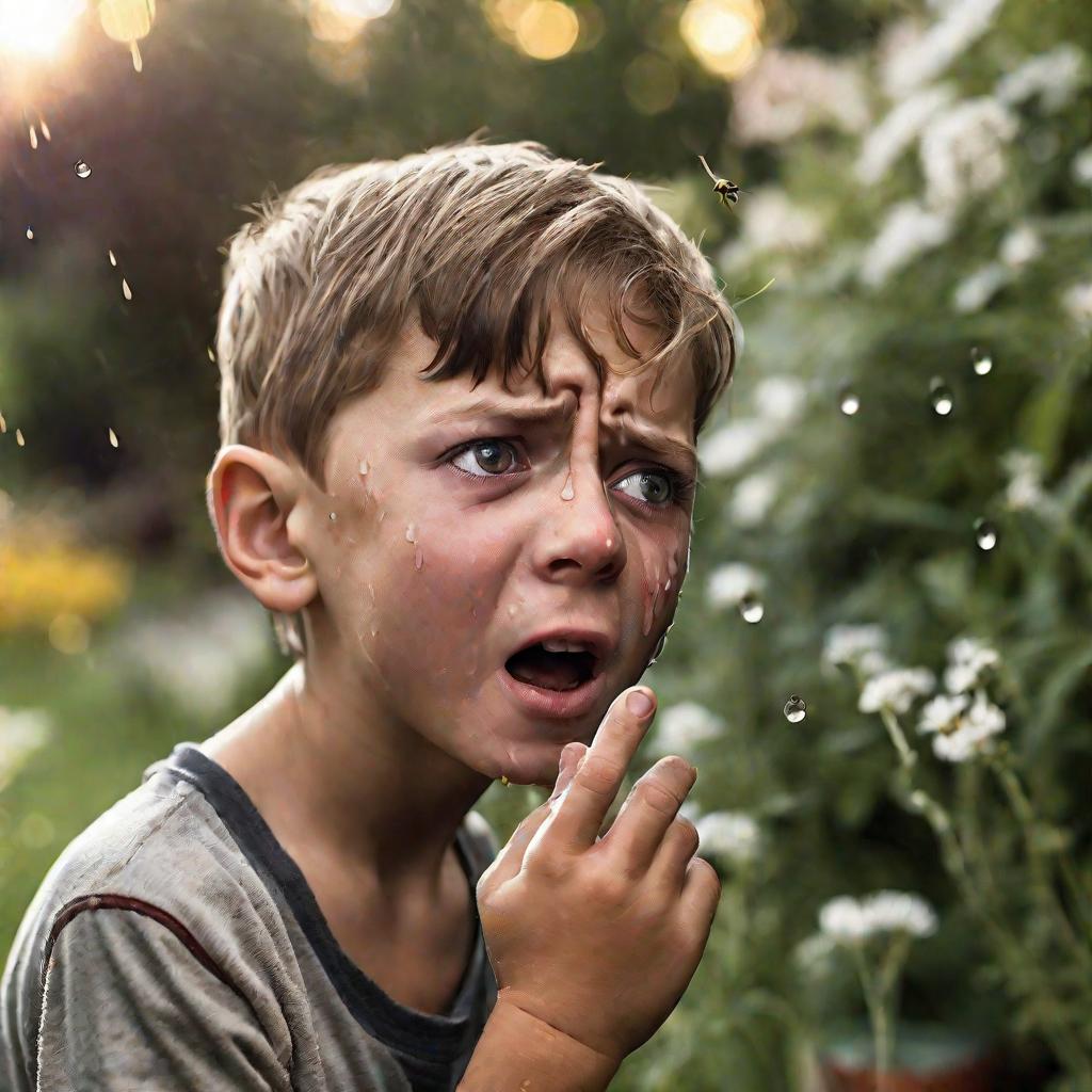 Мальчик плачет после укуса осы