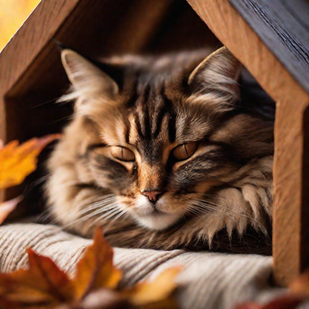 Пушистый кот спит в деревянном домике