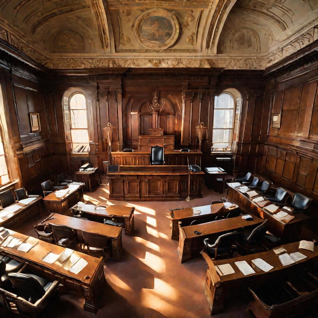 Зал суда с судьей, книгами и лекцией о праве