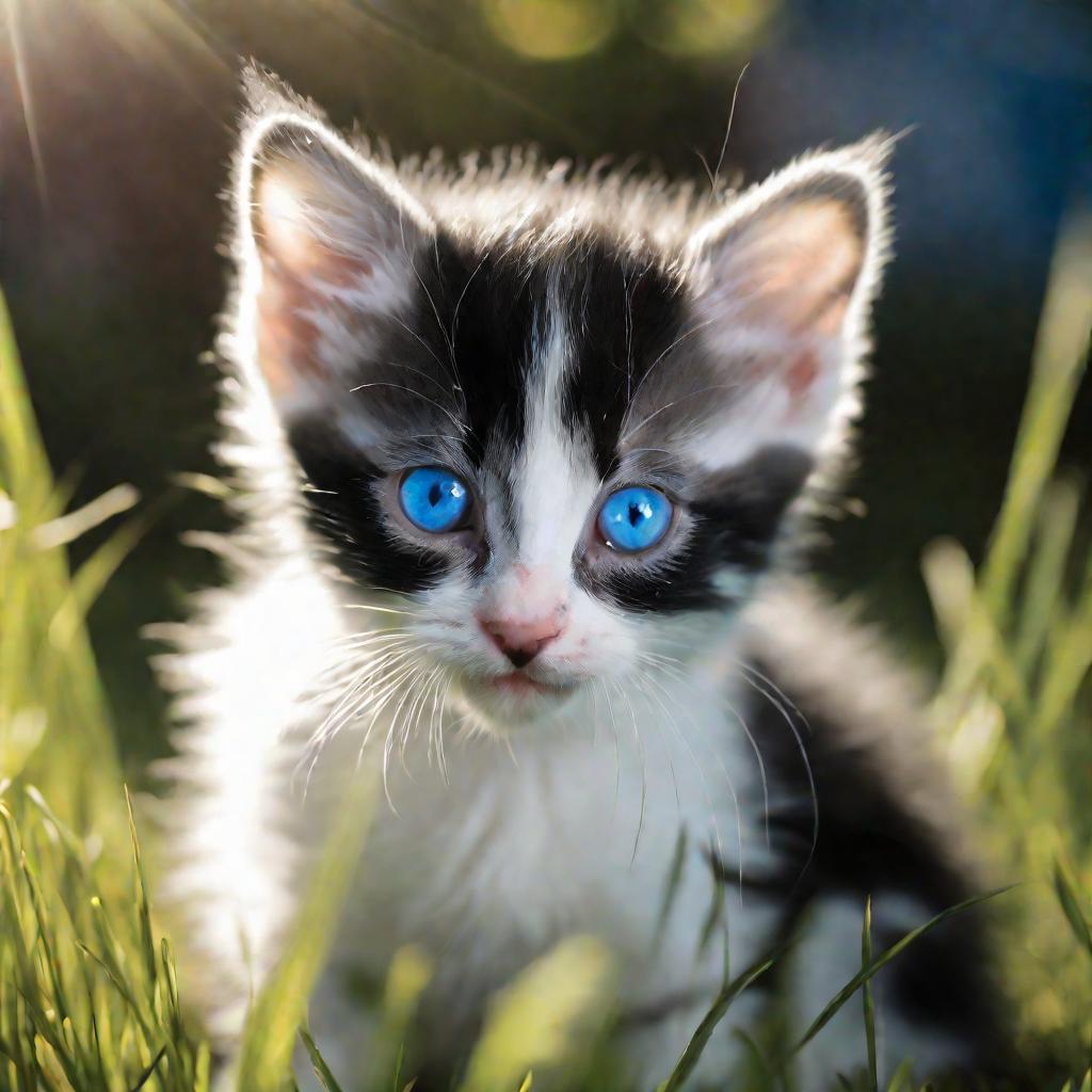 Котенок черно-белой расцветки с ярко голубыми глазами с любопытством смотрит в камеру, чуть наклонив голову вбок.