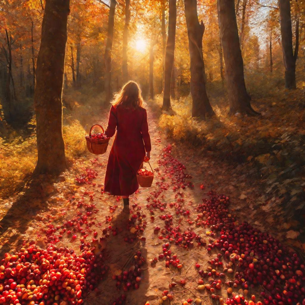 Женщина идет по осеннему лесу с корзиной фруктов
