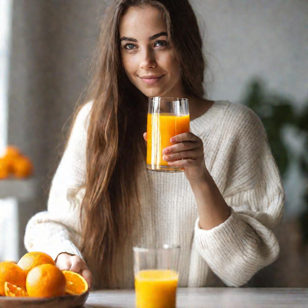 Девушка пьет апельсиновый сок