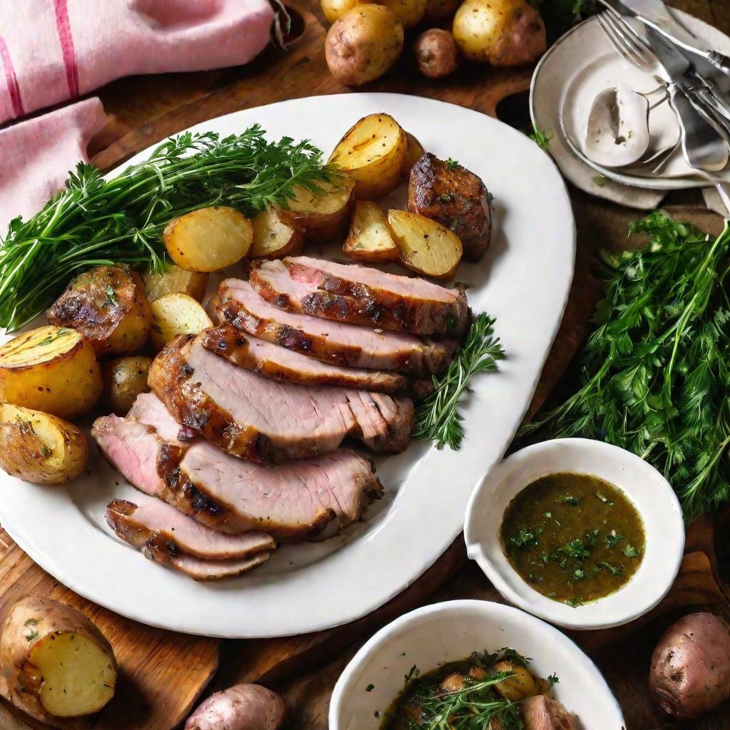 Подача на блюде свинины запеченной с картошкой и зеленью