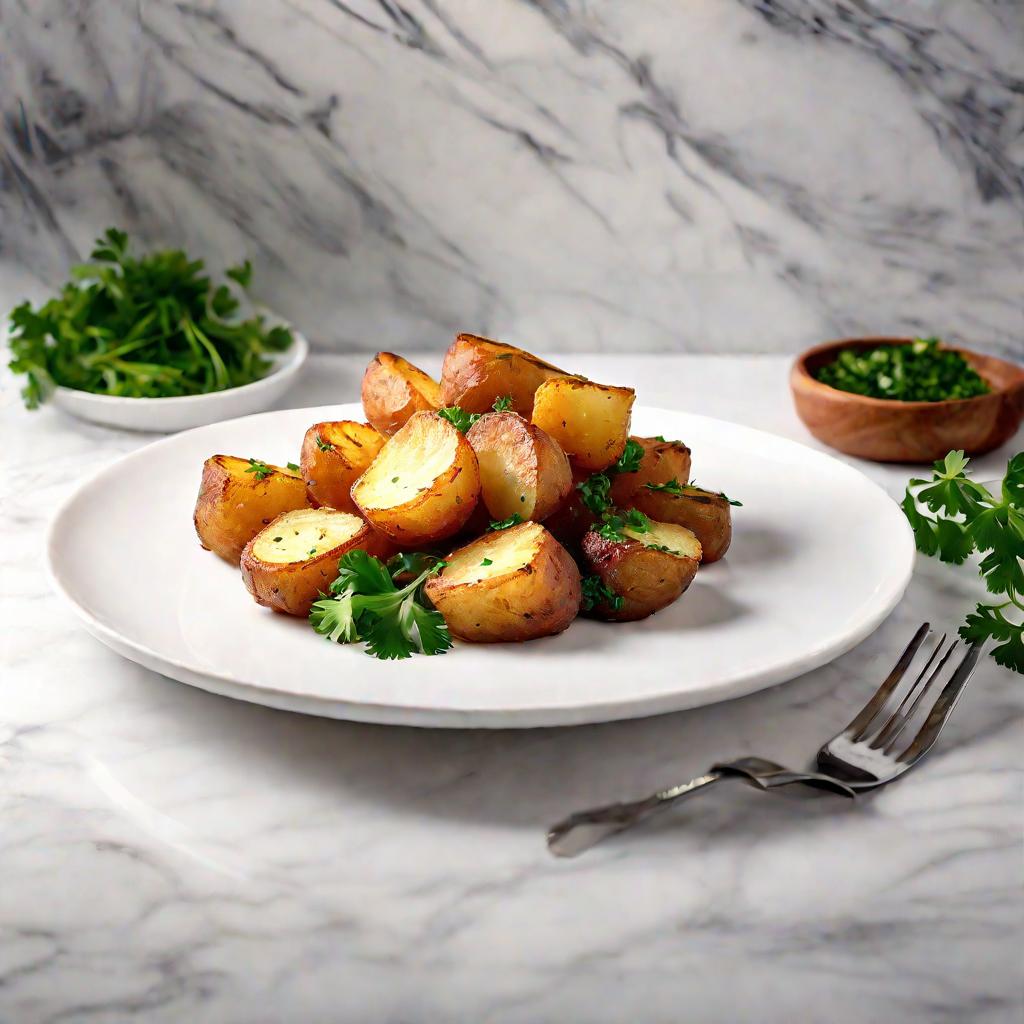 Идеально приготовленная жареная картошка с зеленью на белой квадратной тарелке