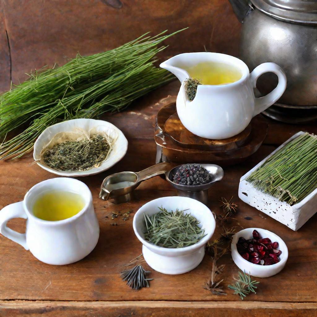 Мягкий детальный крупный план ингредиентов для чистящего почки травяного чая, разложенных на деревянном столе. Заваривается и исходит ароматным паром готовый чай. Тут и хвощ, и можжевельник, кукурузные рыльца, сушеная клюква, ступка с пестиком, чайное сит