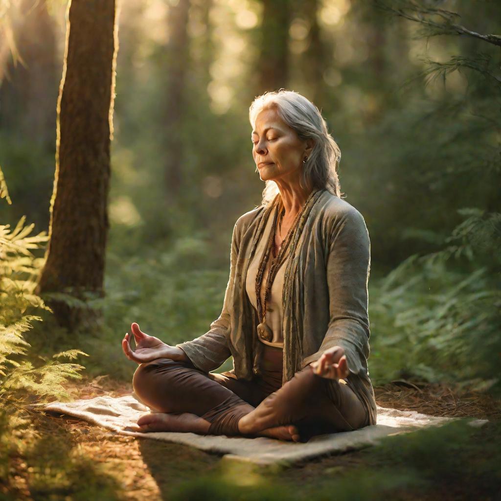 Женщина средних лет медитирует в лесу на рассвете, освещенная мягким утренним солнцем сквозь деревья