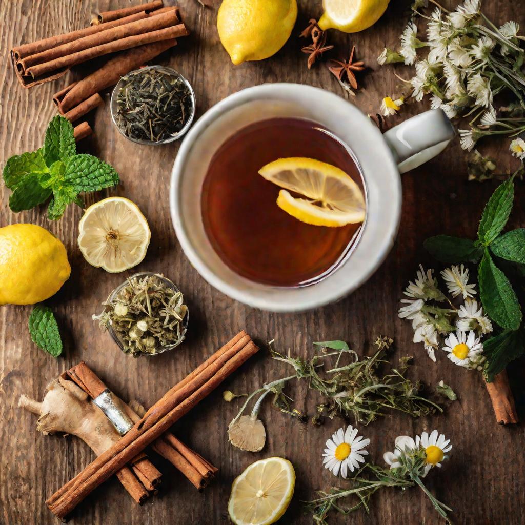 Крупным планом сверху травяной чай с ромашкой, мятой, лимоном, корицей и имбирем на деревянном столе в теплом освещении
