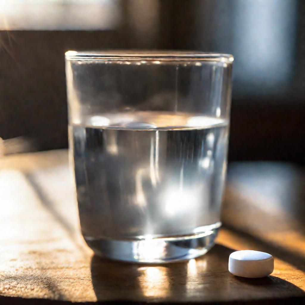 Таблетка и стакан воды на столе